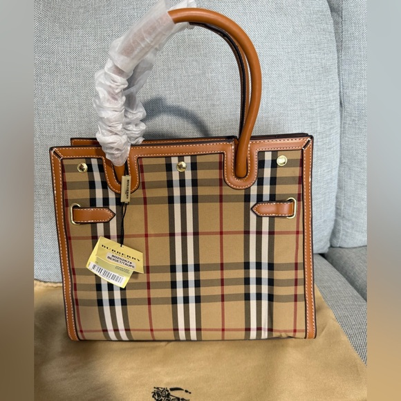 Burberry Handbags - Tan Check Tote with Brown  Trim